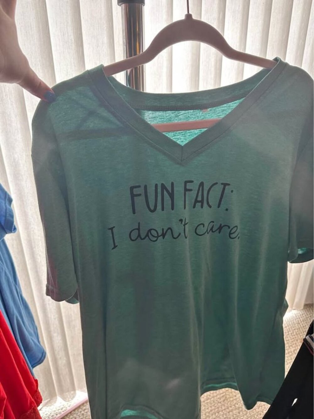 “Fun Fact: I Don’t Care” V-Neck T-Shirt – Approx. Size 18/20